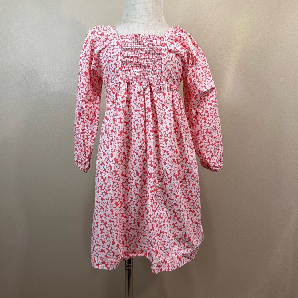 Tea Collection Girls Dress 4 White Red Floral Smocked‎ Cotton Long Sleeve